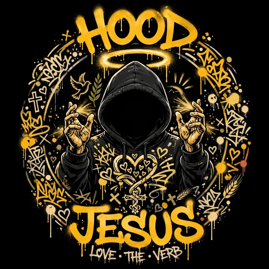 HOODJESUS emblem: a faceless hooded figure with a gold halo and open hands, LOVE • THE • VERB