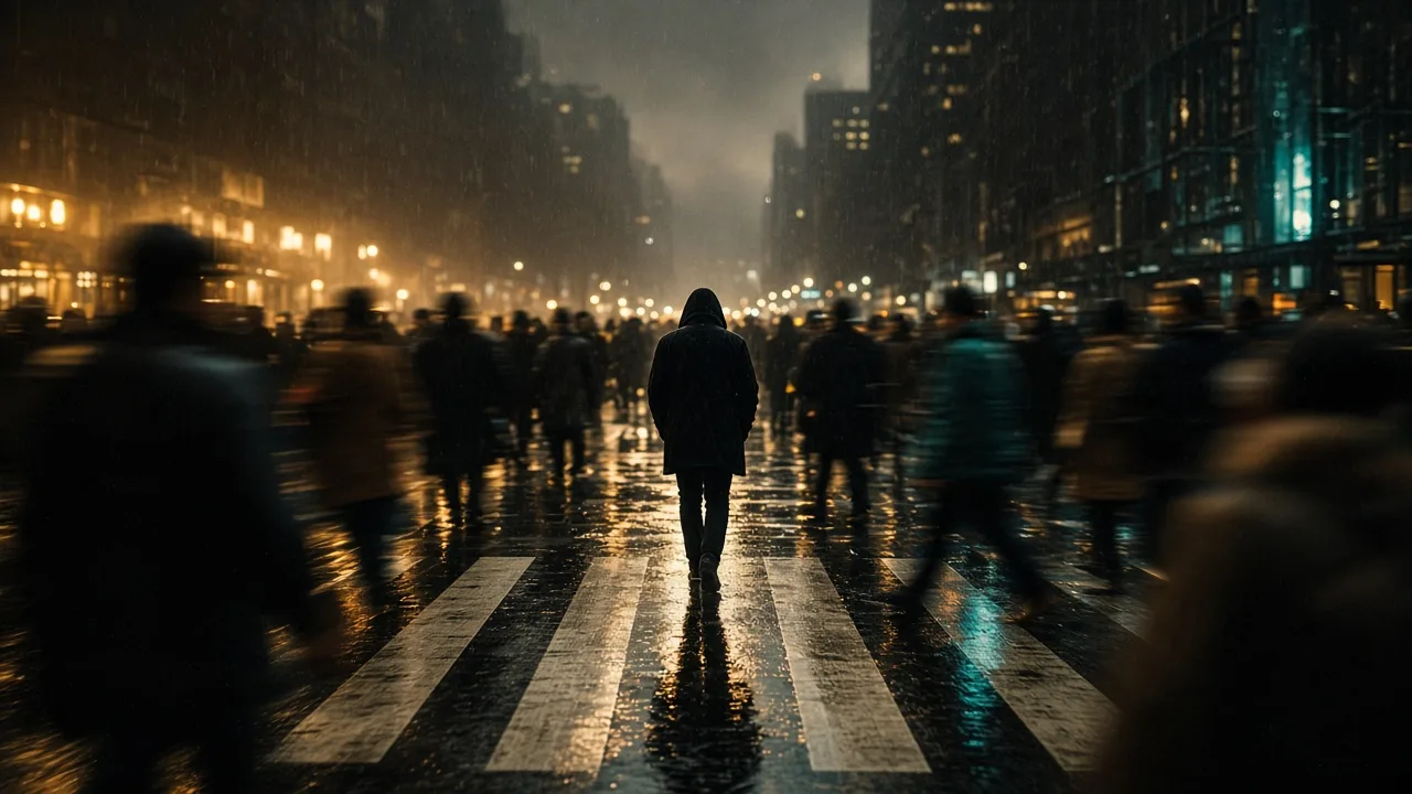 A crowd in the rain; one hooded figure walking through it, unnoticed