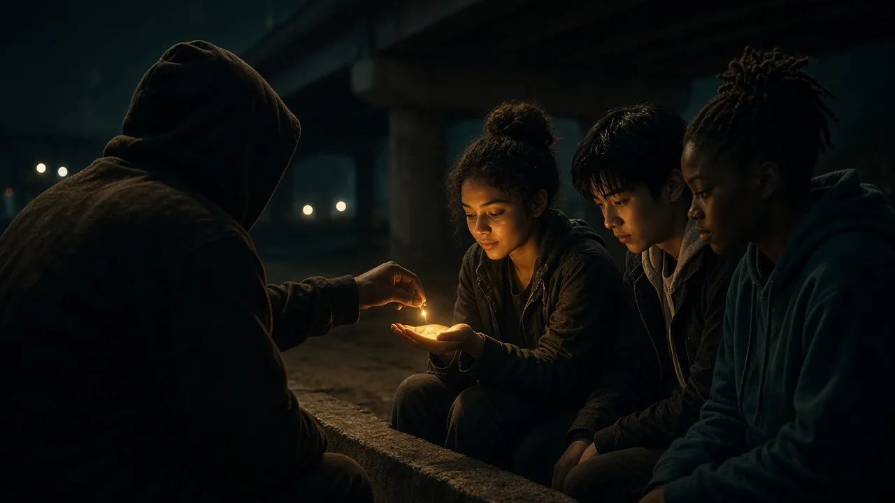 Under a bridge, a hooded figure places a small light in a young person’s palm